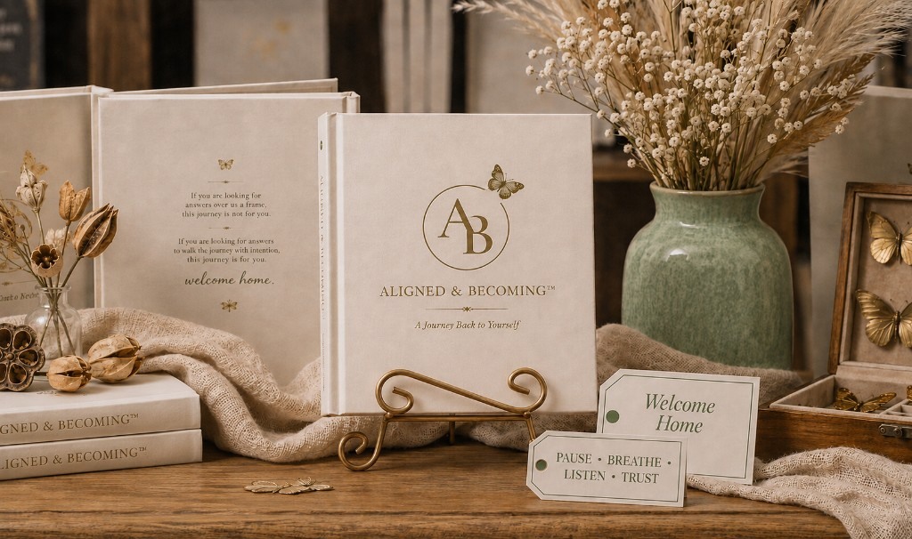 Aligned & Becoming journal displayed with butterflies and dried florals